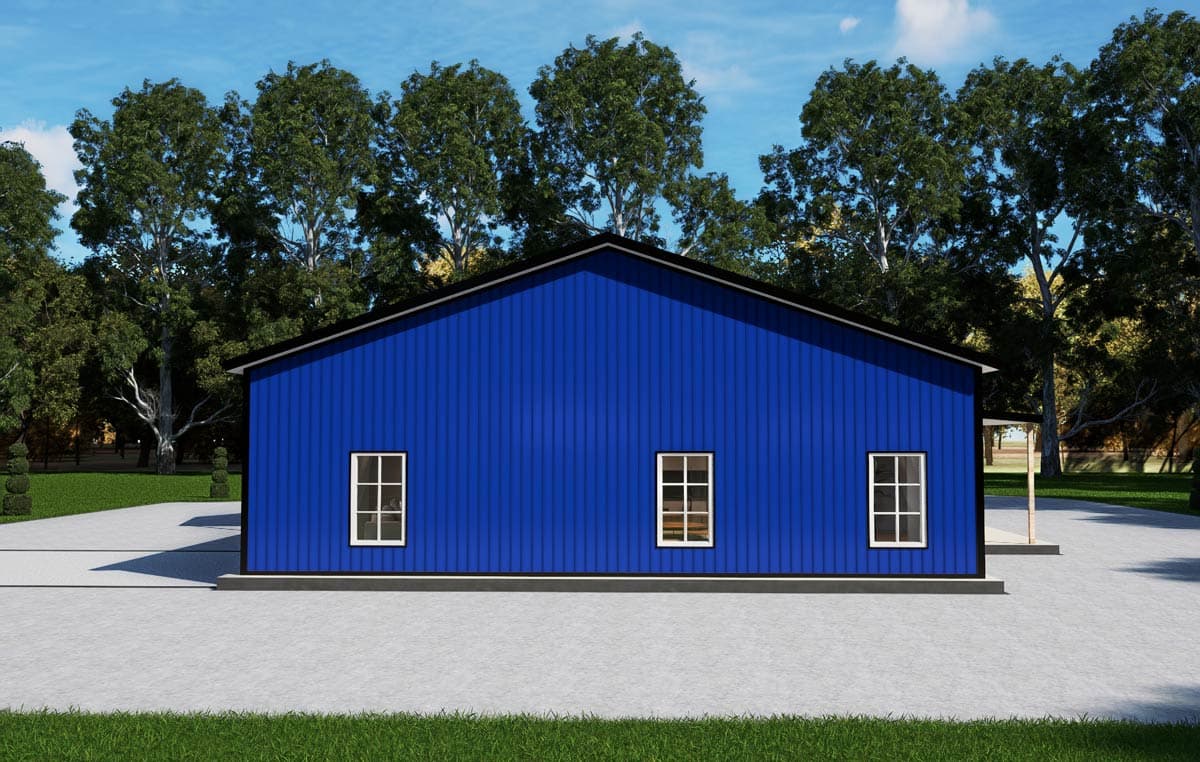 House plan exterior: Blue metal siding, gabled roof, and three windows on the side elevation.