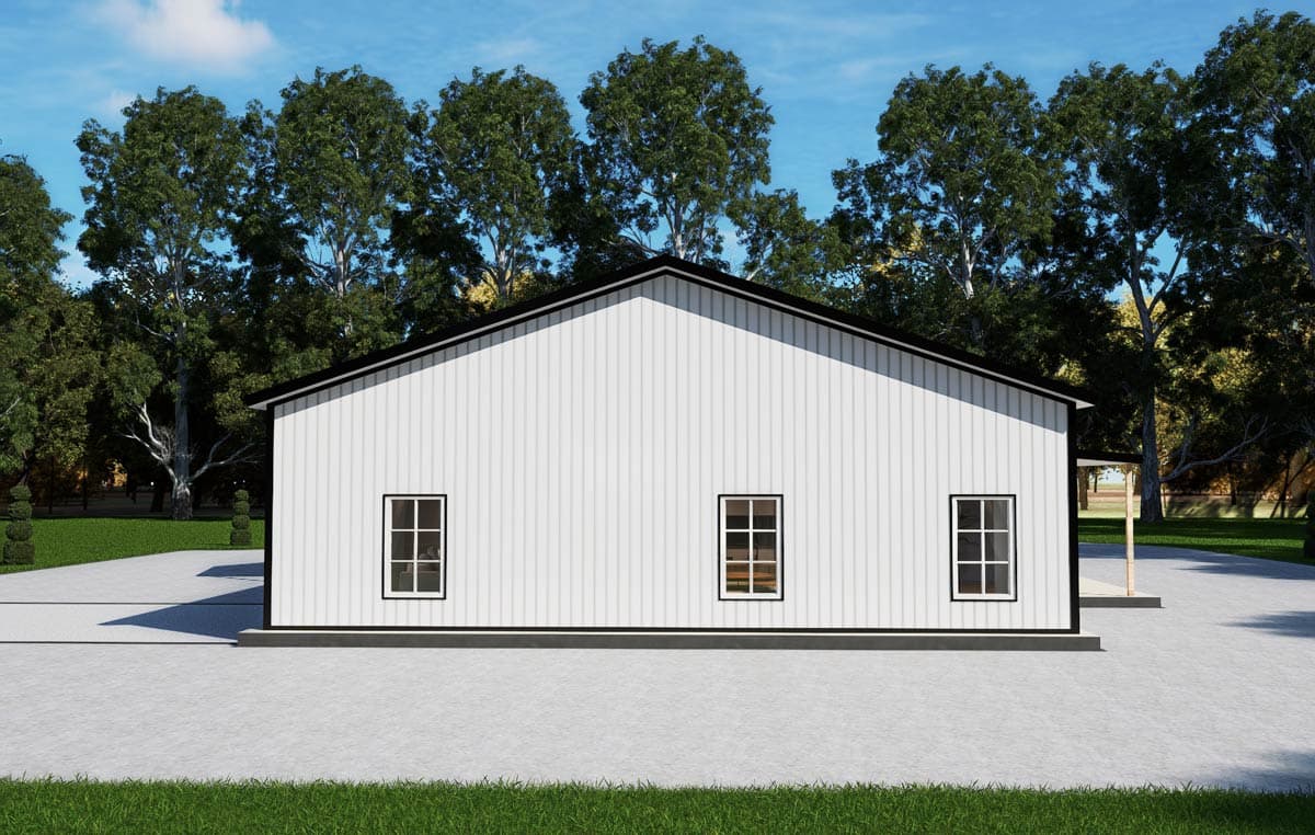 House plan exterior: Modern style, single story, white vertical siding, gable roof, three windows.