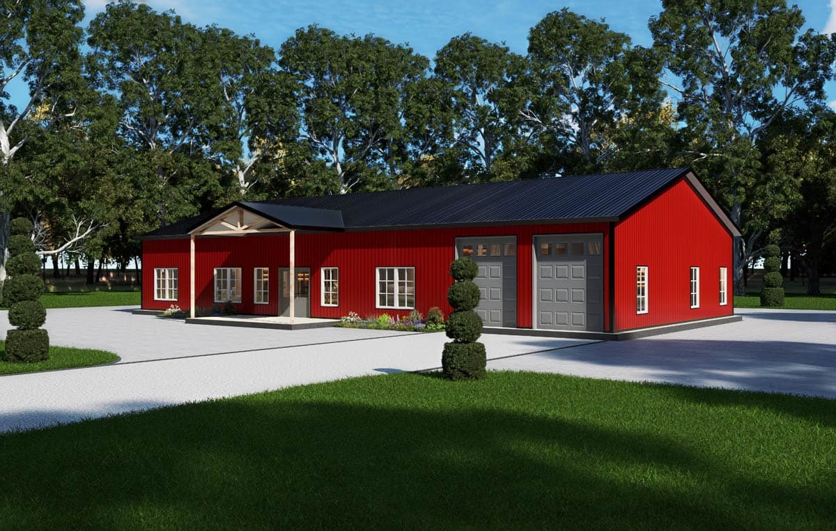Red modern barn style house plan exterior with a dark metal roof, two garage doors, and covered entry.