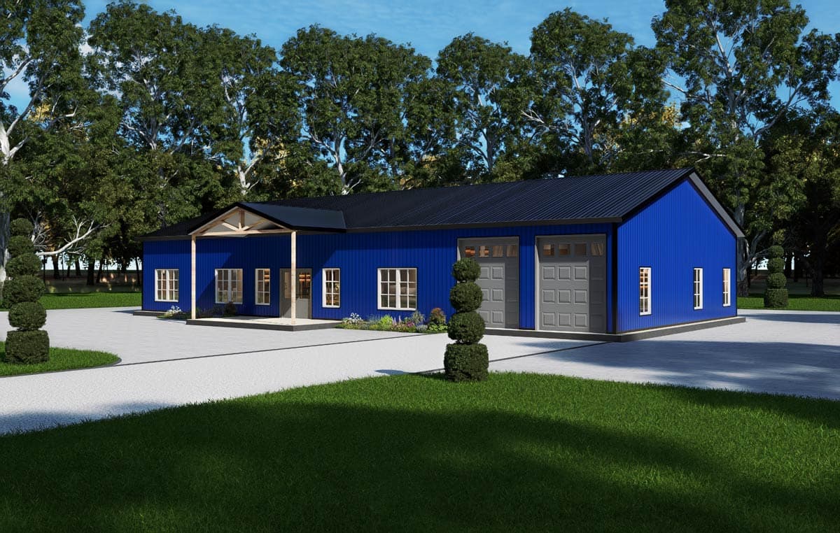 Blue metal building exterior with two garage doors, covered entryway, and multiple windows.