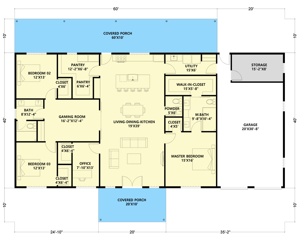 Plan 530147KTE: Sleek Barndominium House Plan with Game Room, Office, and Dual Porches - Floor Plan - Main Level - Barndominium