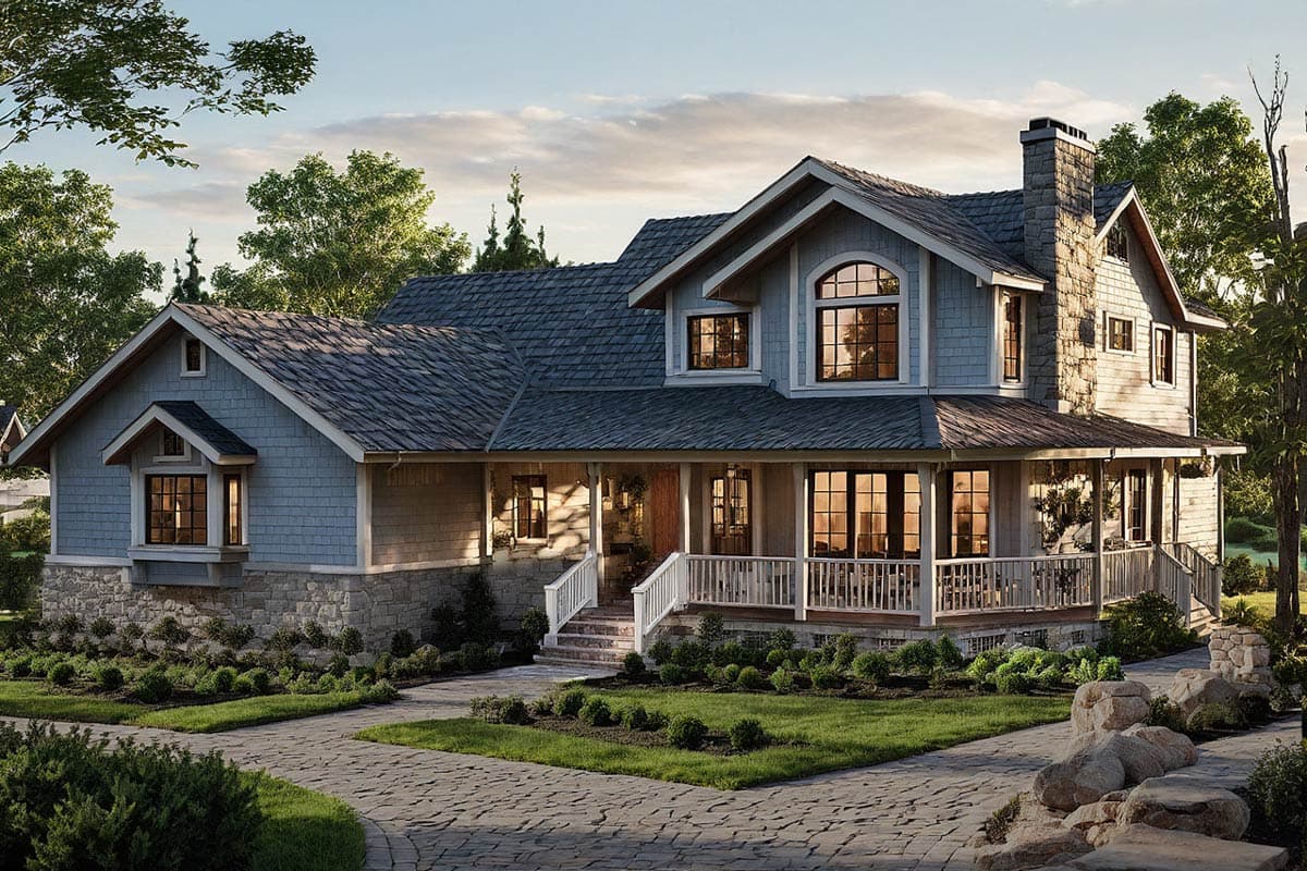 House plan exterior. Two-story Craftsman home with a wrap-around porch, gabled roof, stone chimney, and dormer windows.