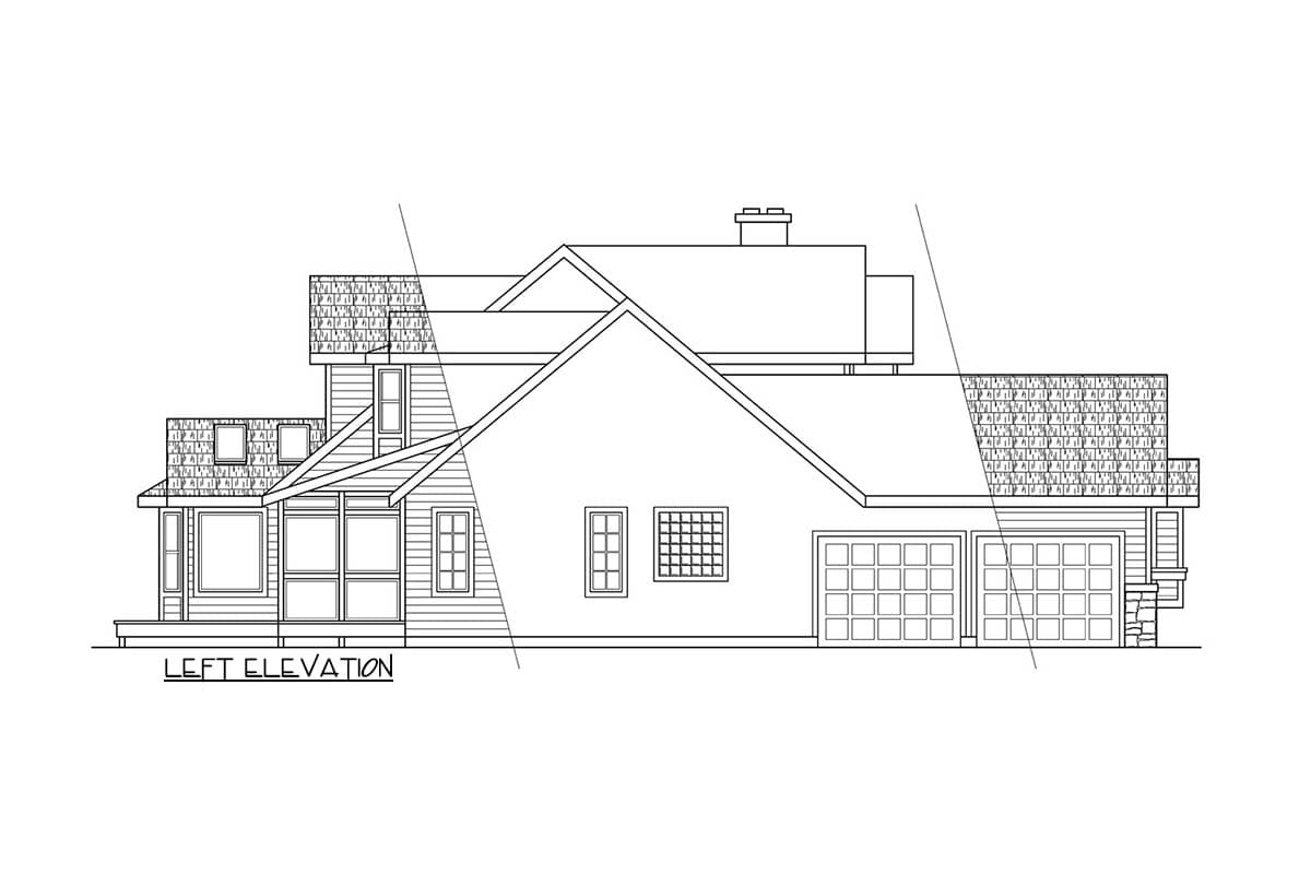 Left elevation house plan with varied rooflines, dormers, multiple windows, a covered porch, and a two-car garage with stone accents.