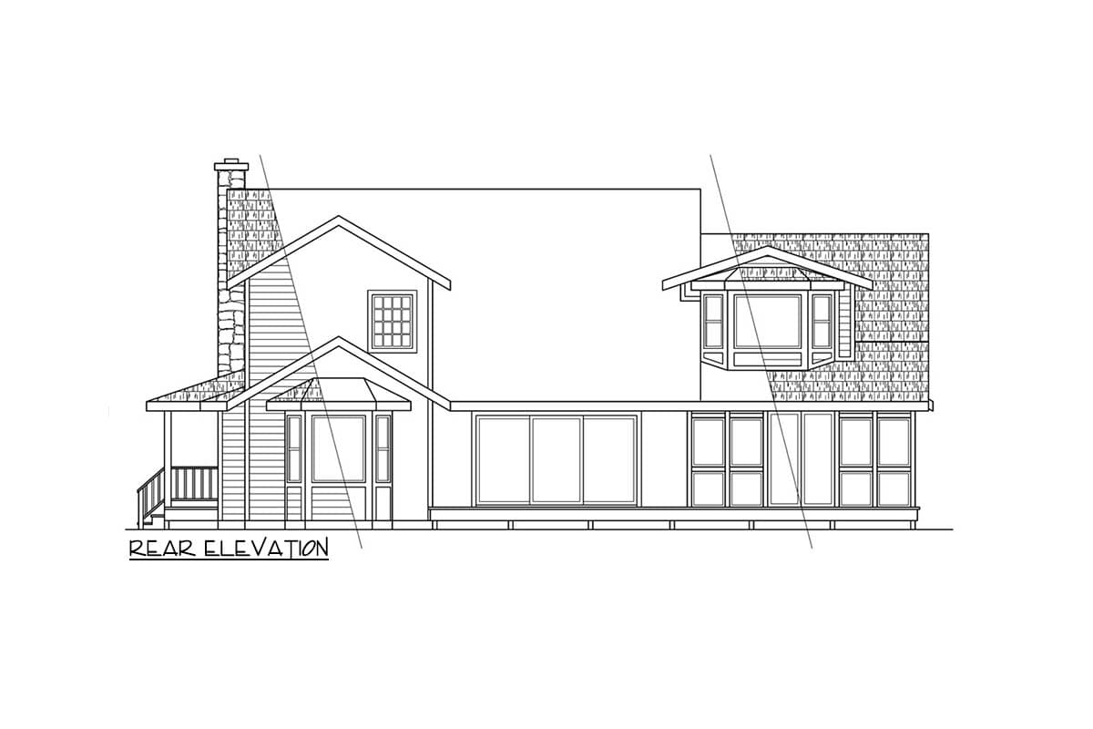 Rear elevation house plan showing a two-story house with a prominent stone chimney, covered porch, and bay windows.