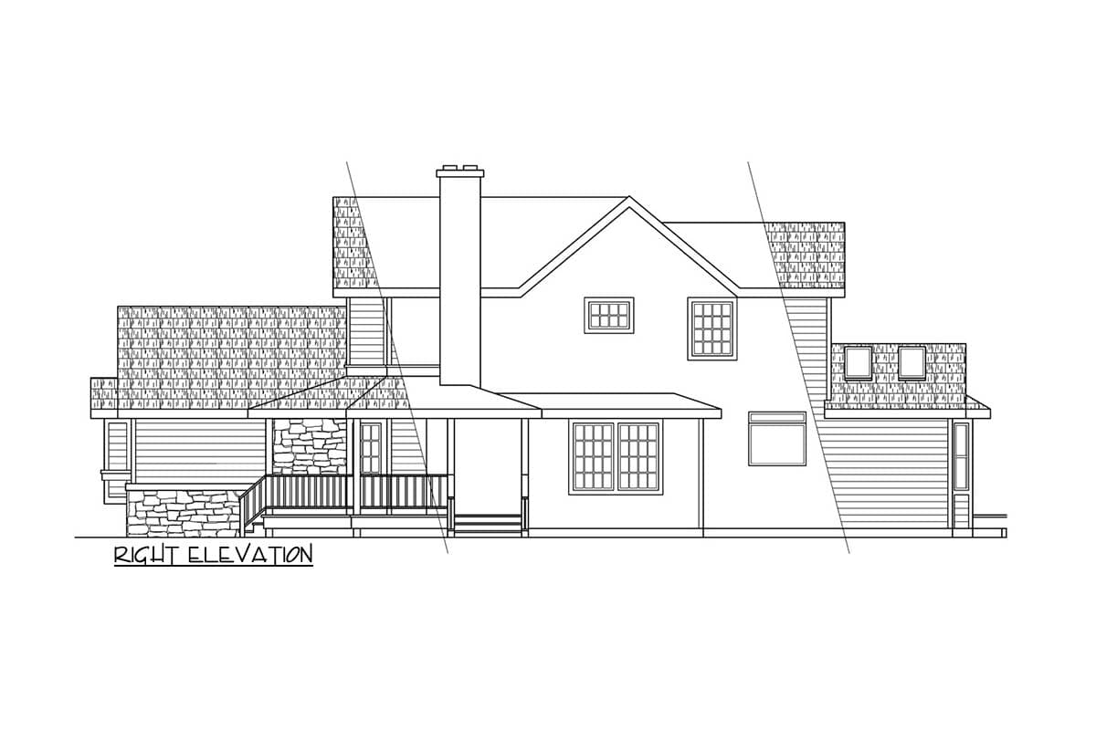 House plan right elevation with stone foundation, covered porch, gables, and chimney.