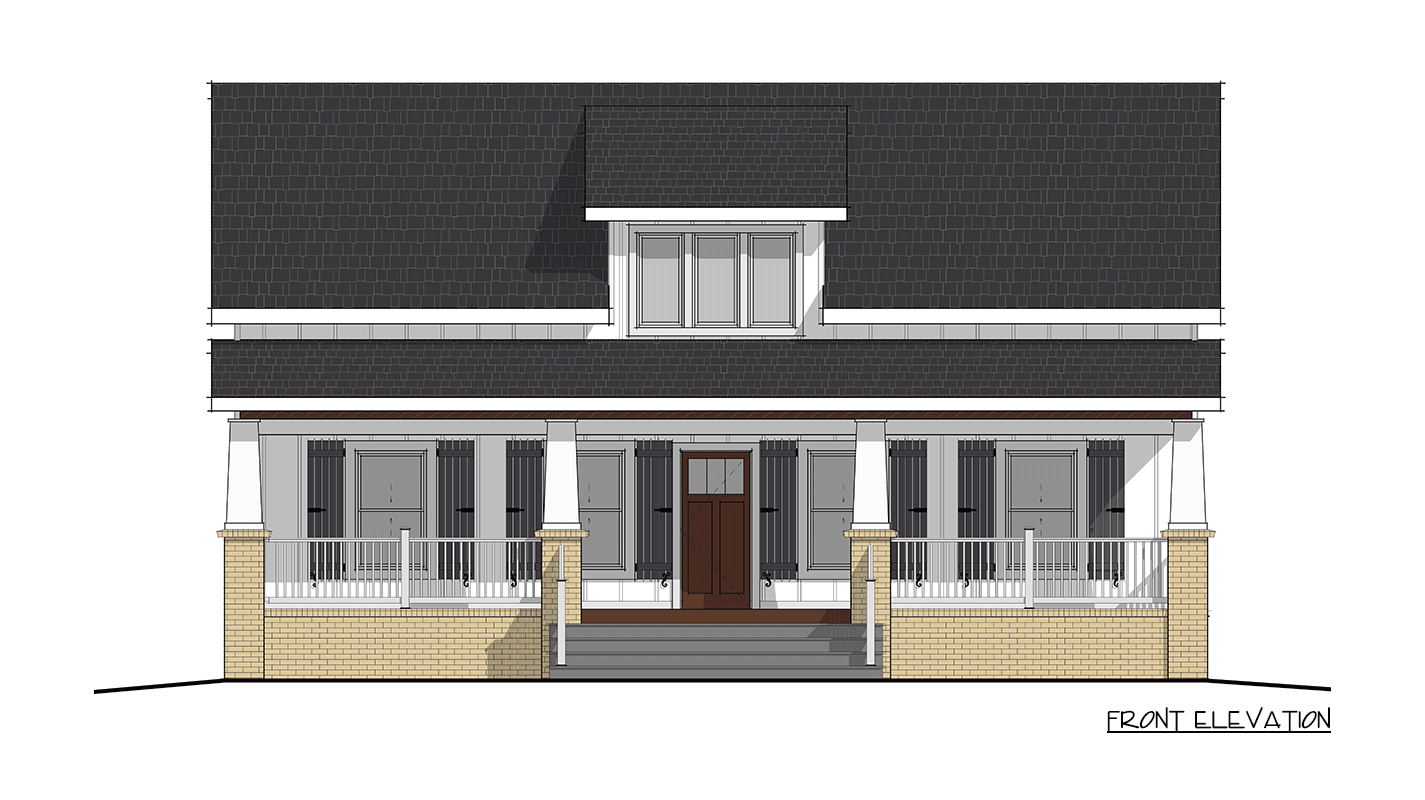 Front elevation drawing of a house with a prominent covered porch, brick base, and dormer window.