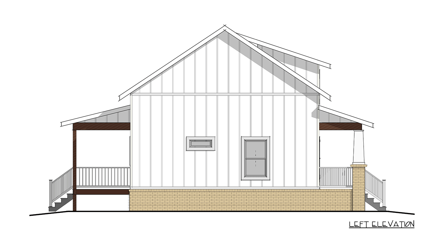 Left elevation of a two-story house plan with gabled roof, board and batten siding, brick base, and covered porches.