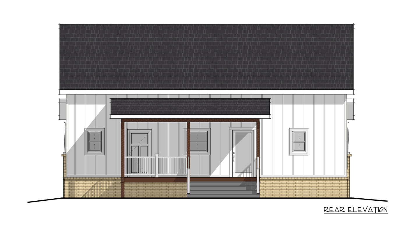 Rear elevation house plan drawing with a covered porch, entryway, and multiple windows above a brick foundation.