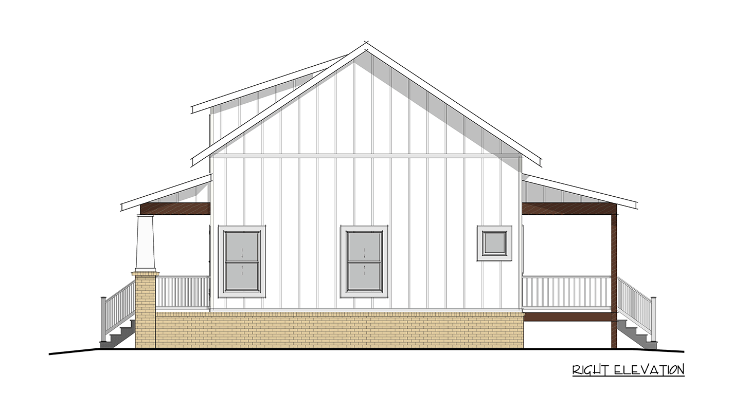Right elevation drawing of a Modern Farmhouse style house plan. Features board and batten siding, brick foundation, porch, and gabled roof.