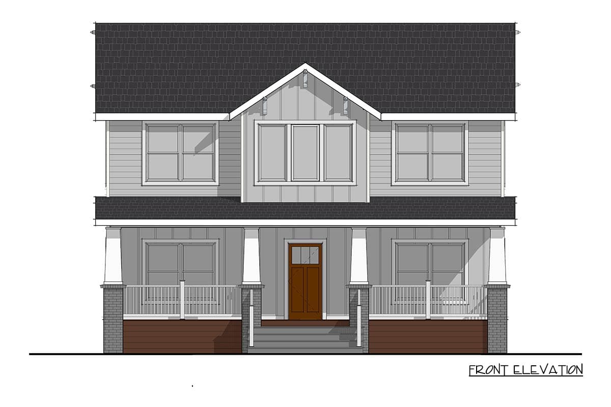 Front elevation house plan drawing shows a two-story home with a prominent gable, covered porch with columns, and multiple windows.