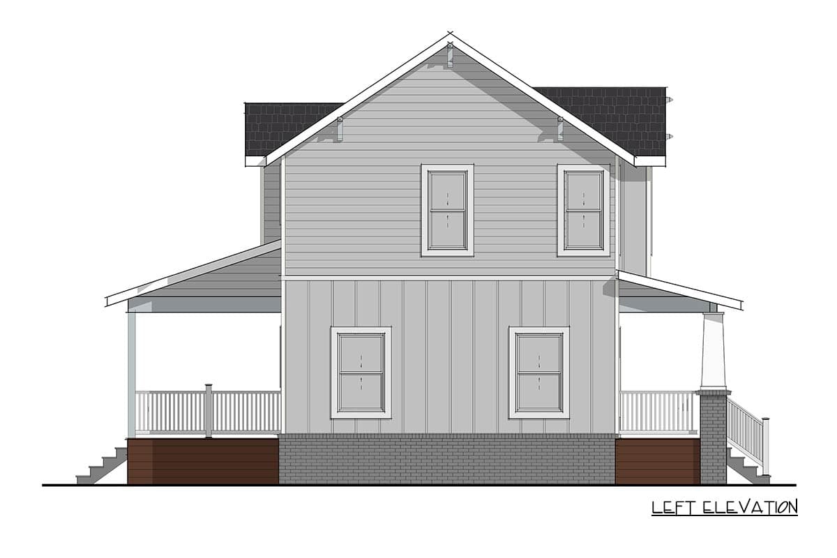 Left elevation drawing of a two-story house plan with a covered porch, gabled roof, and mixed siding.