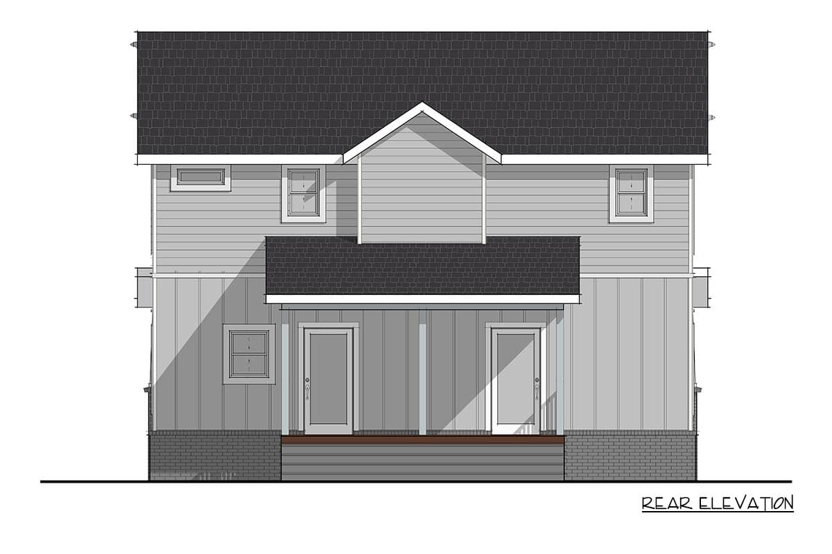 Rear elevation of a two-story house plan featuring a covered porch with two doors, gables, and varied siding.