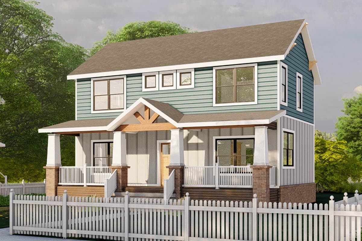 House plan exterior. Two-story home with Craftsman style elements. Features include a front porch, gables, and a cross-gabled roofline.