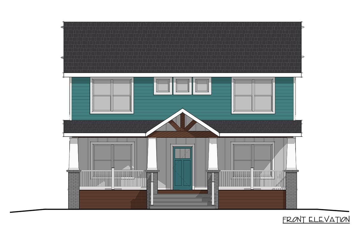 Front elevation drawing of a two-story house with a covered porch, gables, and multiple windows.