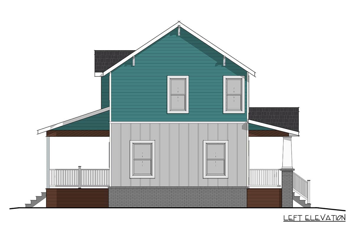 Left elevation drawing of a two-story house plan with gabled roof, siding, and wrap-around porch.