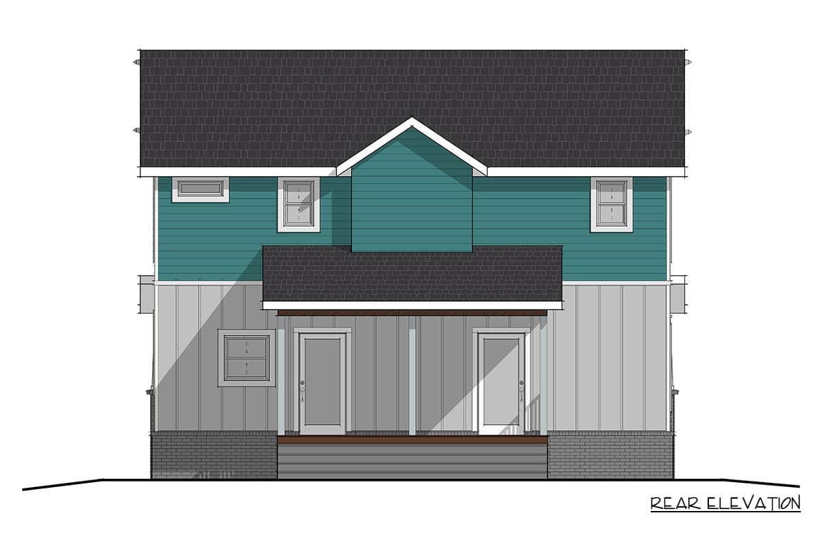 Rear elevation of a two-story house plan with a covered porch, gables, and two front doors.