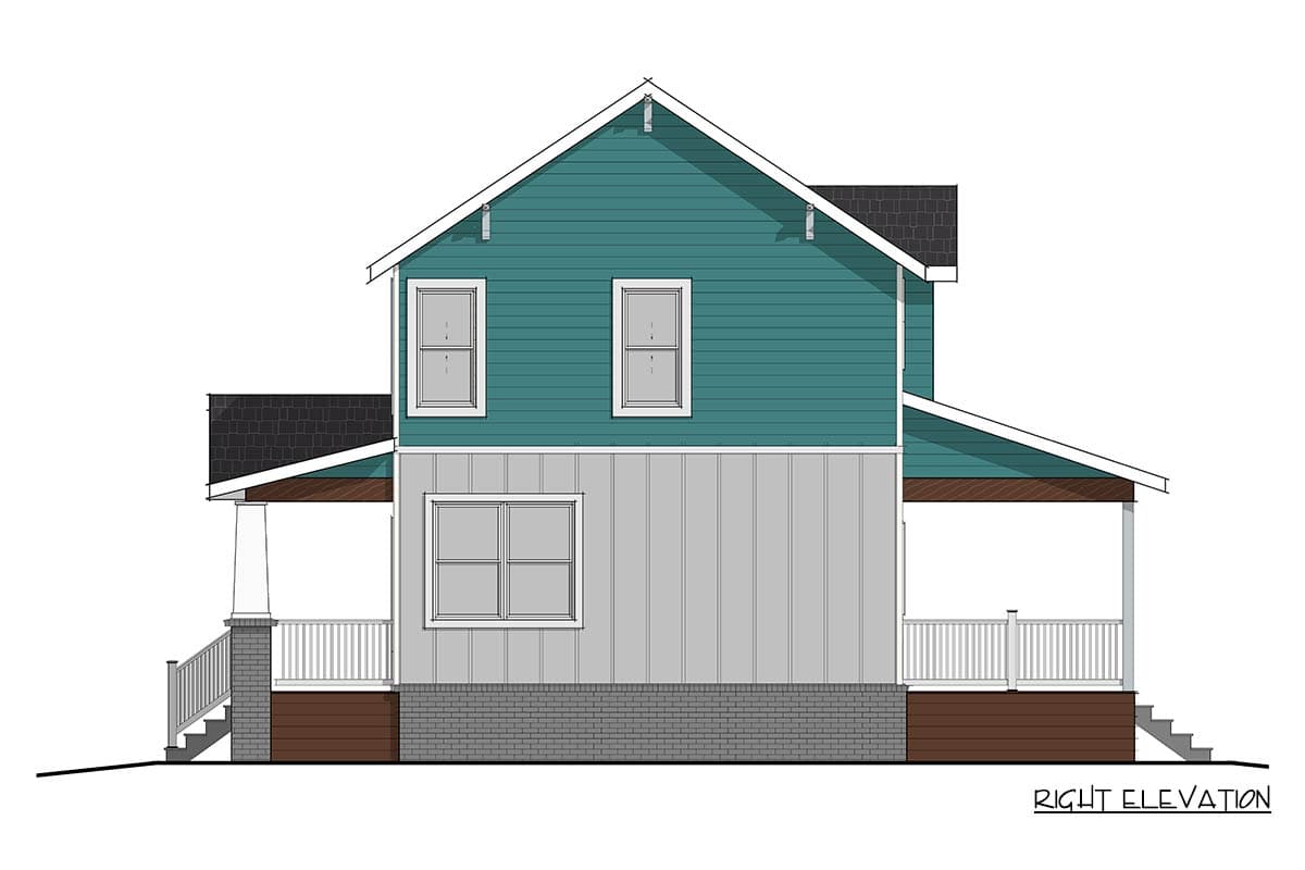House plan right elevation showing two stories, gabled roof, two porches with railings, and varied siding materials.