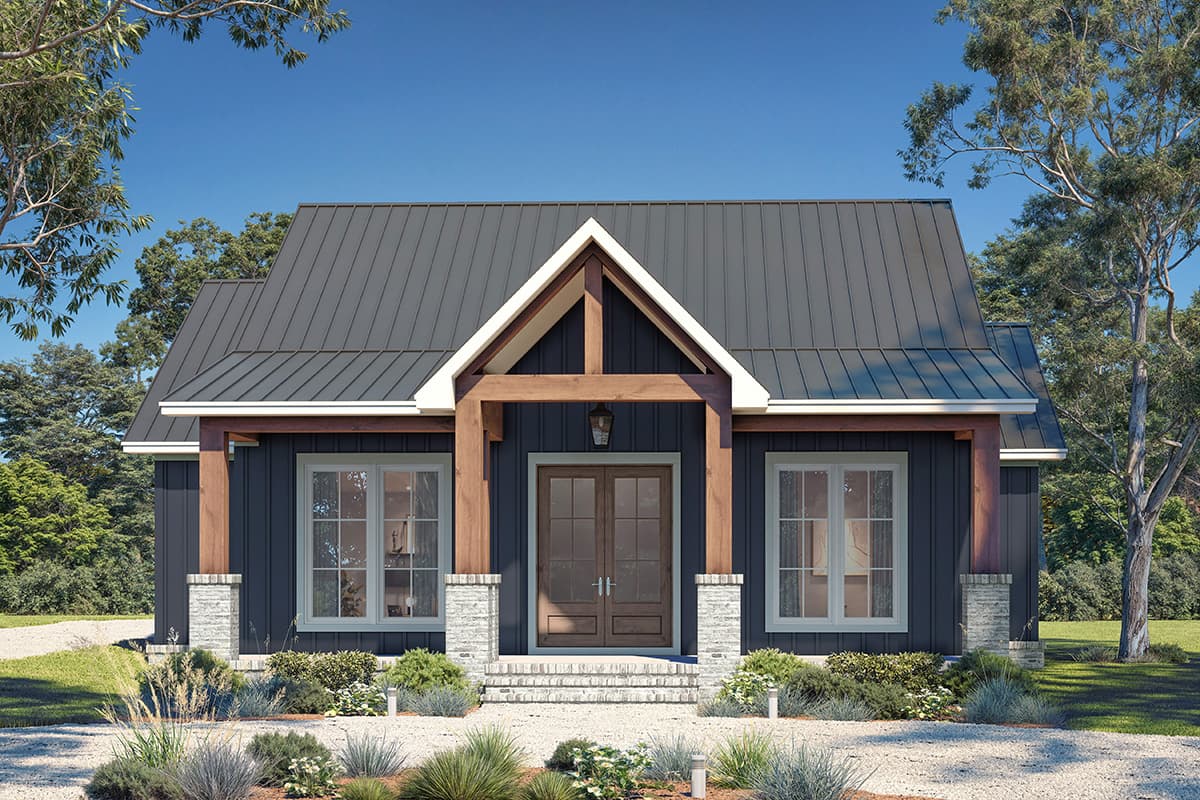 Modern Farmhouse house plan exterior with dark siding, metal roof, stone-clad porch columns, and exposed wood beams over double front doors.
