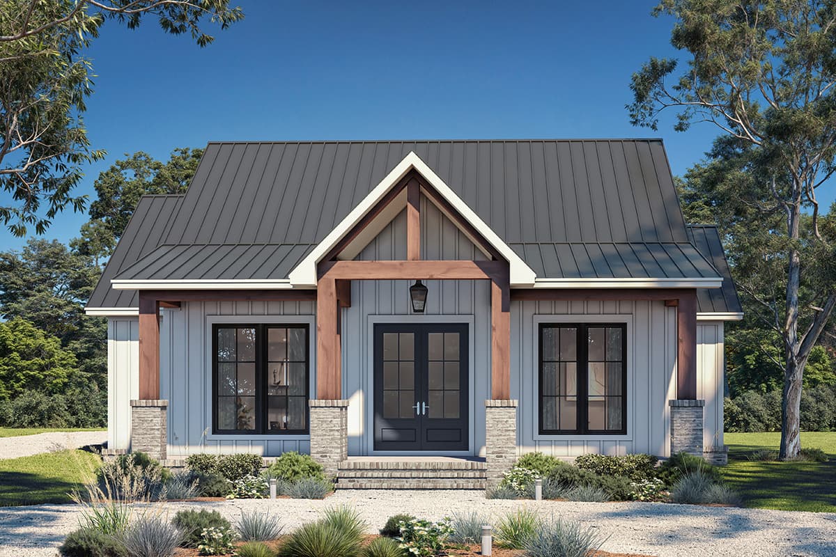Modern Farmhouse house plan exterior with a standing seam metal roof, gable roofline, exposed wood beams, stone base pillars, and double entry doors.