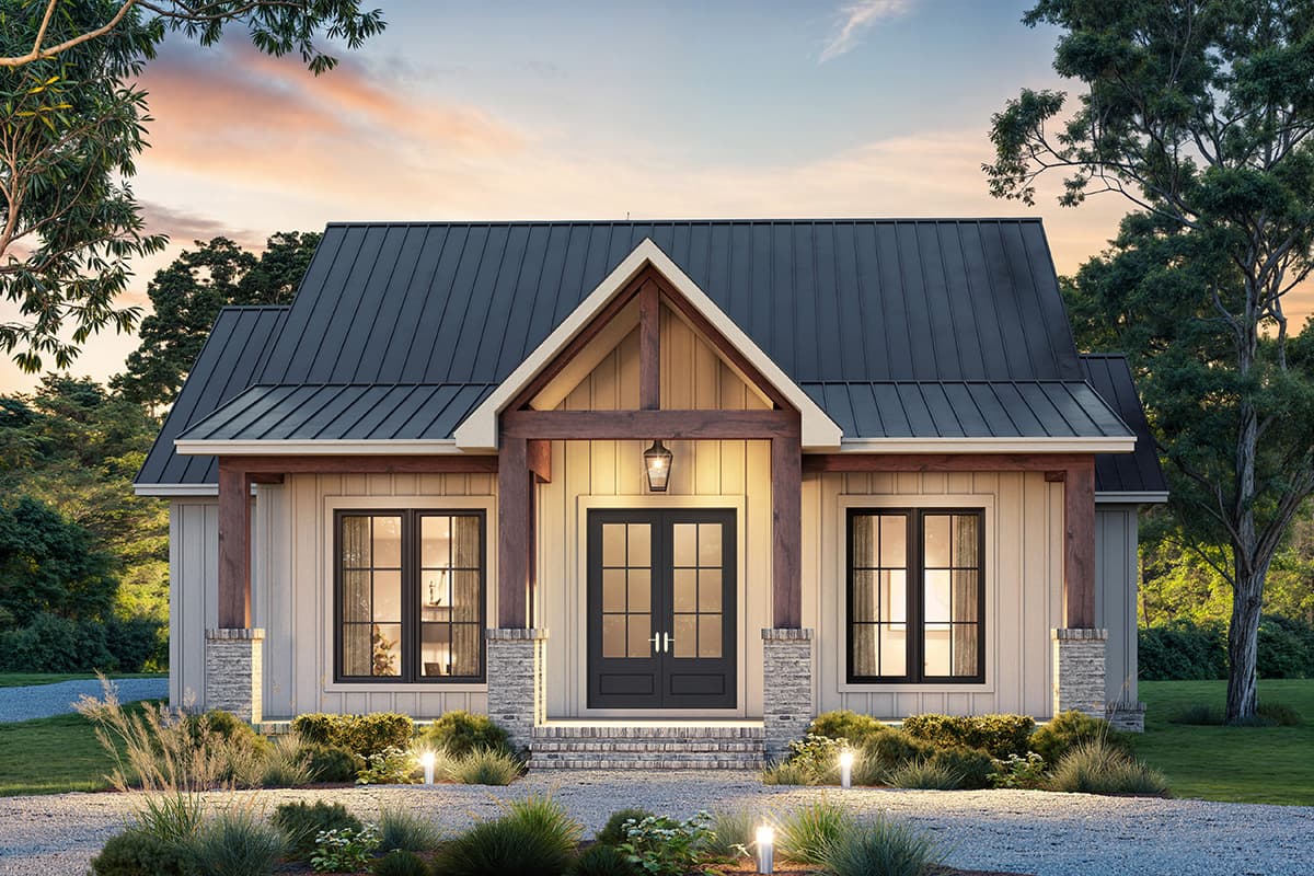 Modern Farmhouse house plan exterior with metal roof, prominent gable, timber posts, stone bases, and double entry doors.