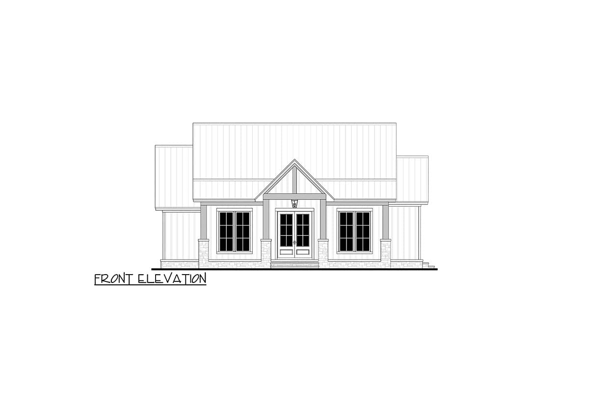Front elevation drawing of a one-story house with a gabled entry porch, double doors, and large windows.