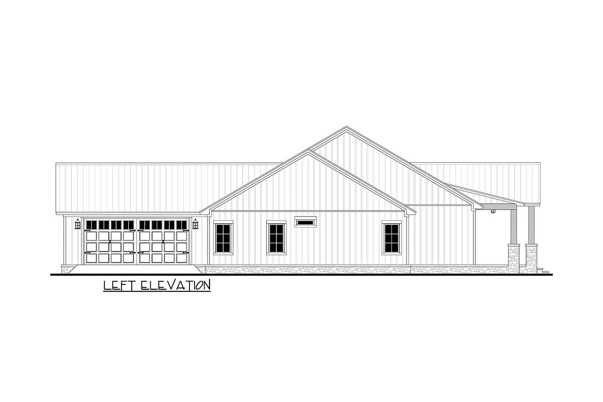 Left elevation of a house plan showing a two-car garage, multiple windows, and a covered porch with stone columns.