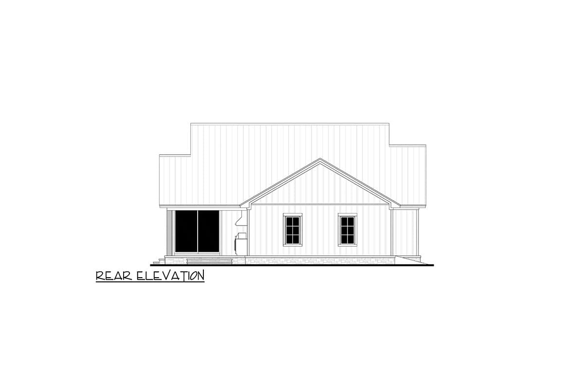 Rear elevation drawing of a house with gabled roof, large sliding doors, two windows, and covered porch.