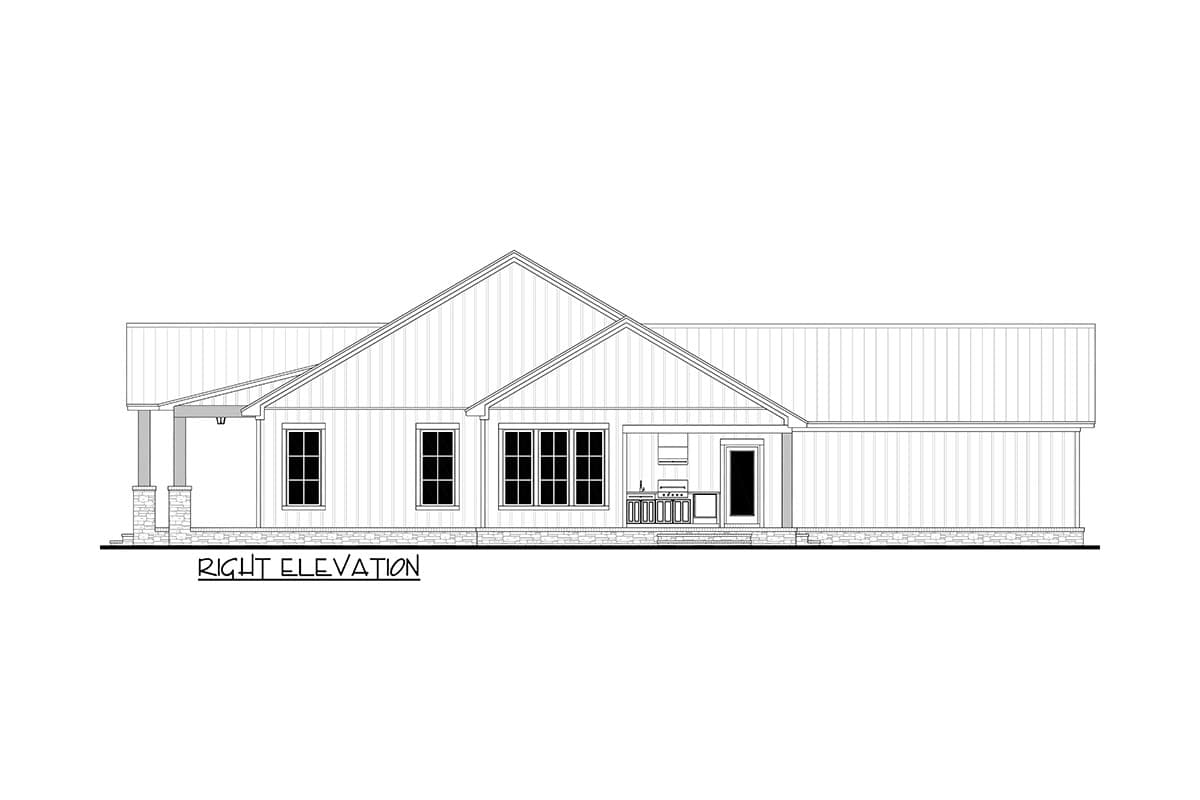 Right elevation house plan. Single-story home with gabled rooflines, covered porch with stone columns, and an outdoor kitchen area.