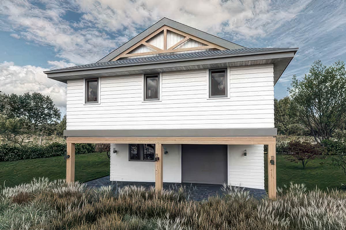 House plan exterior: Two-story modern home with horizontal siding, large gable with wood framing, and elevated deck over a garage.