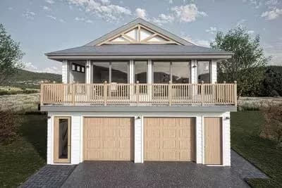 Modern 2-Bed Carriage House Plan ADU with 2-Car Garage and Expansive Deck