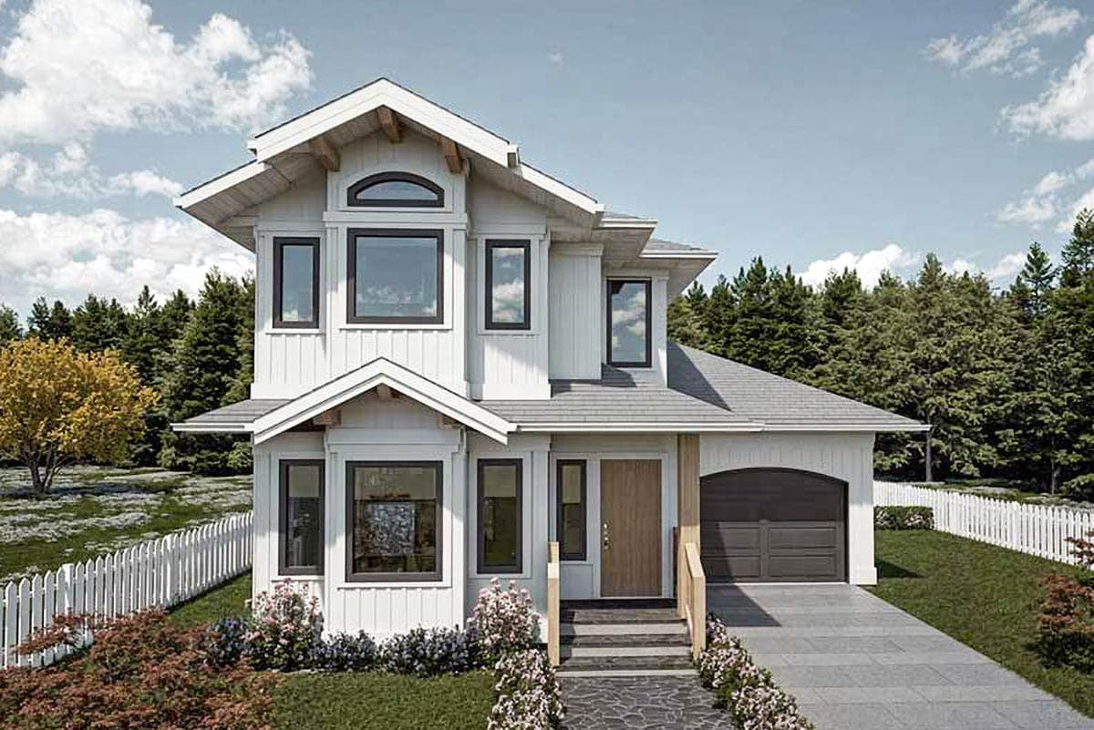 House plan exterior. Two-story Craftsman home with gabled roof, dormers, and attached garage. Includes a covered front entry and multiple windows.