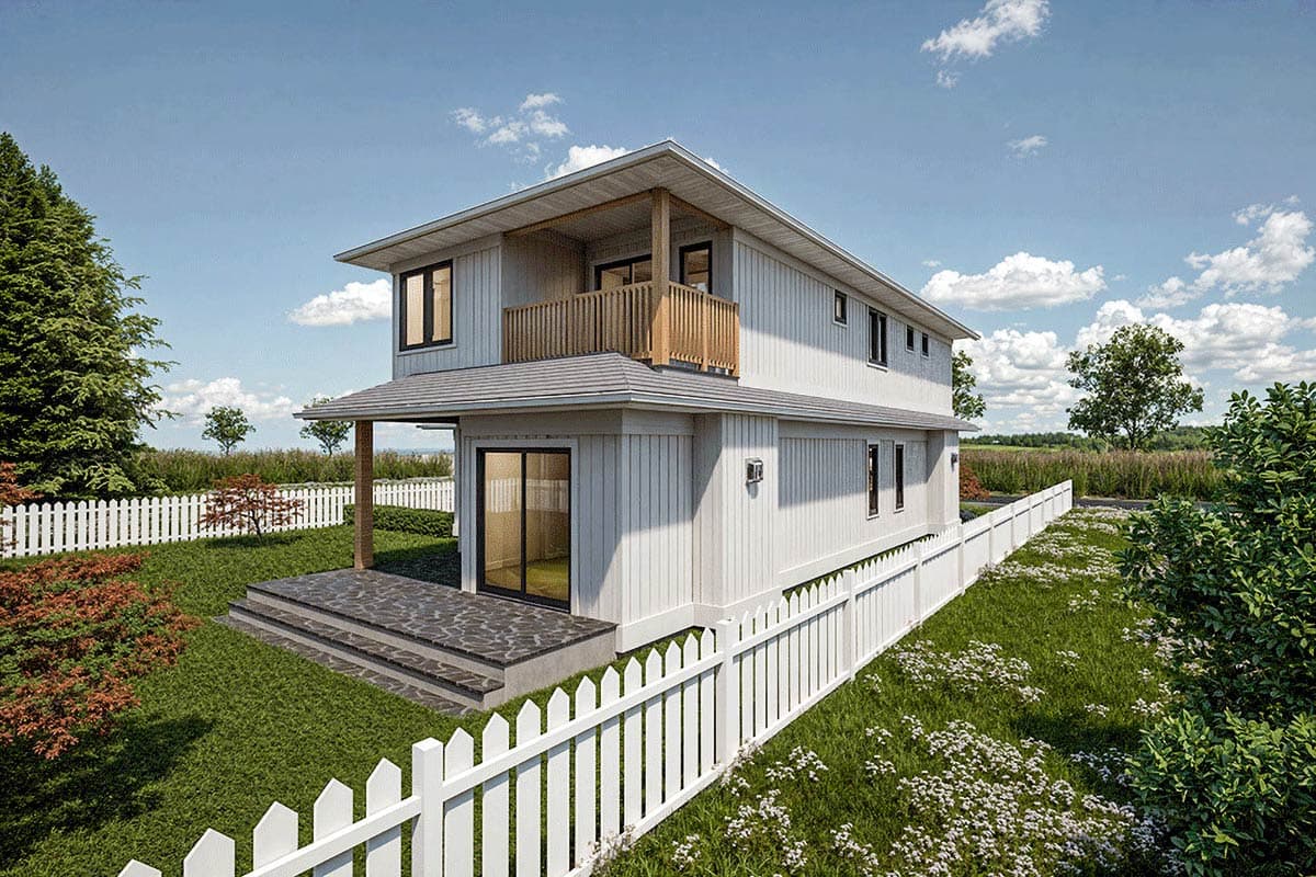 Two-story house plan exterior with a second-story balcony, covered porch, and a modern vertical siding.