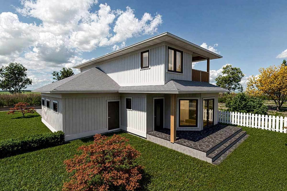 Two-story house plan exterior with a hip roof, board-and-batten siding, covered porch, and balcony.