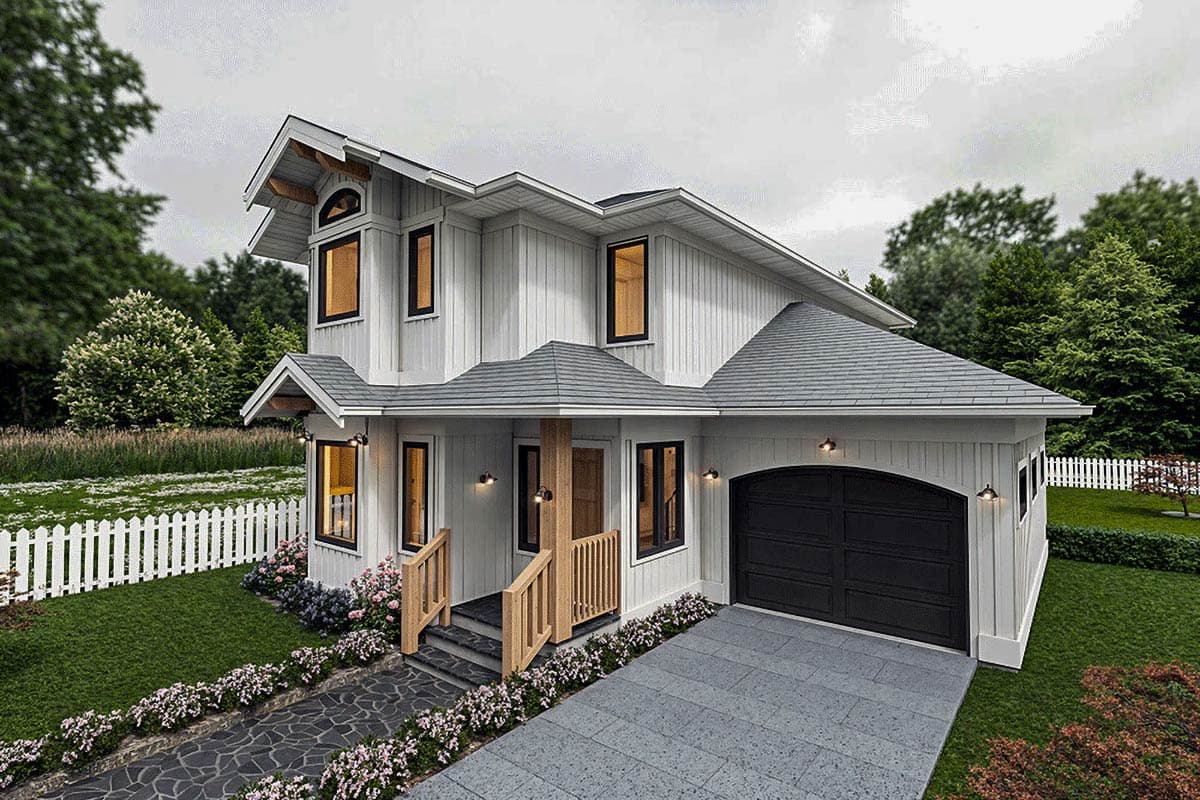 House plan exterior: Two-story modern home with gabled dormers, a covered porch, and an arched garage door.