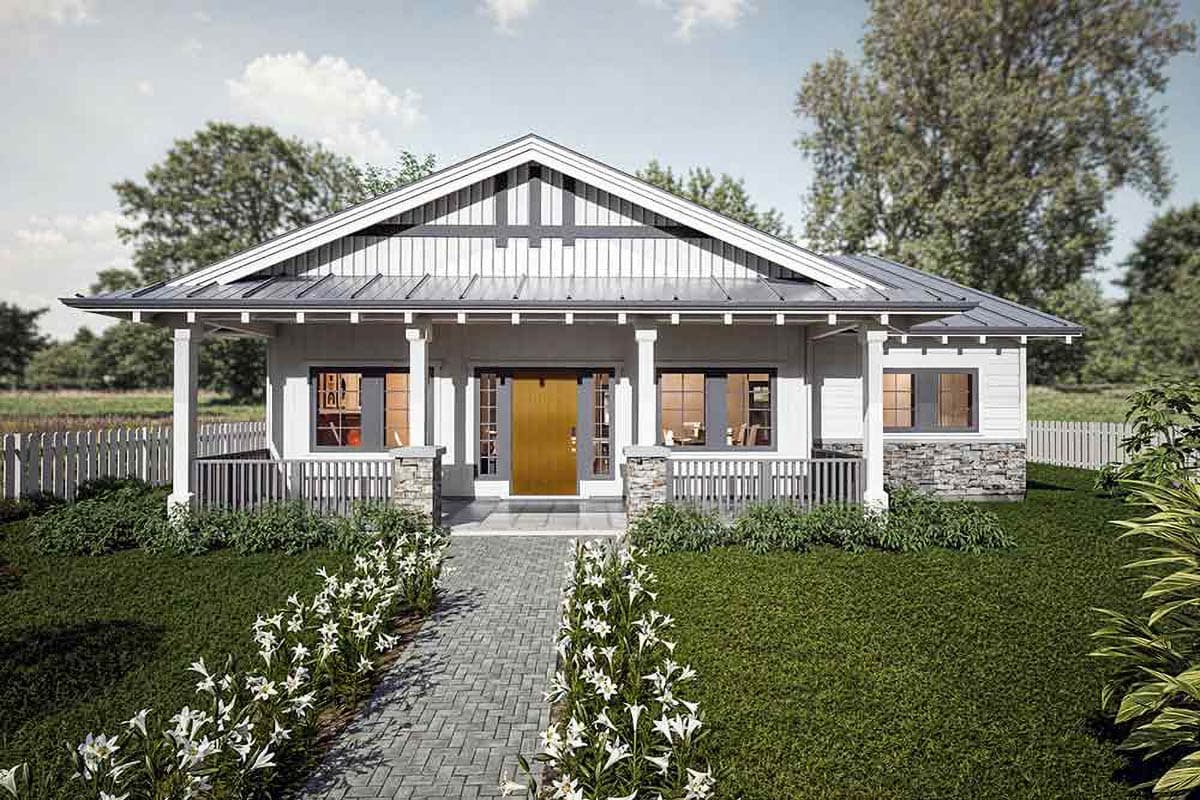 Craftsman house plan exterior with a single story, front porch, decorative gable, and stone accents at the foundation.