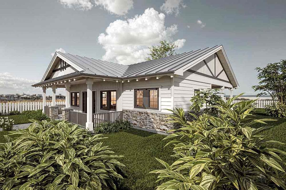Craftsman style house plan exterior, one story, with metal roof, stone base, gabled dormer, and porch with square columns.