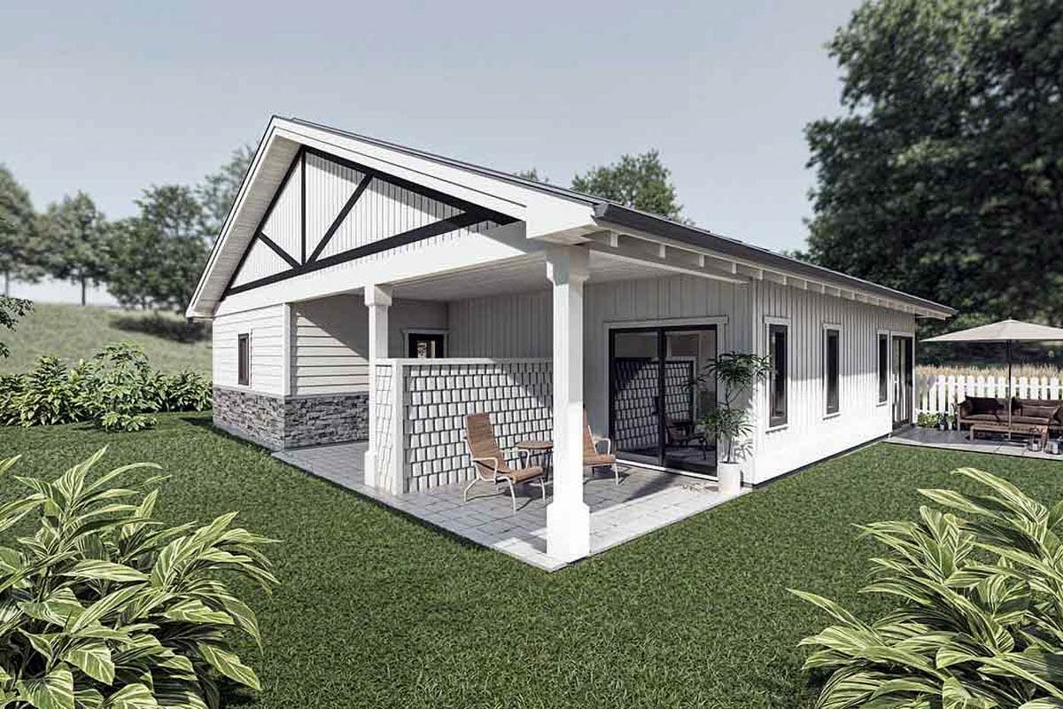 House plan exterior: Single-story modern design with a prominent gable, covered porch, stone accent base, and sliding glass doors.