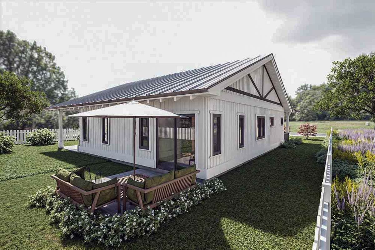 Modern Farmhouse house plan exterior, one story, with white board and batten siding, metal roof, gables, and a covered porch.