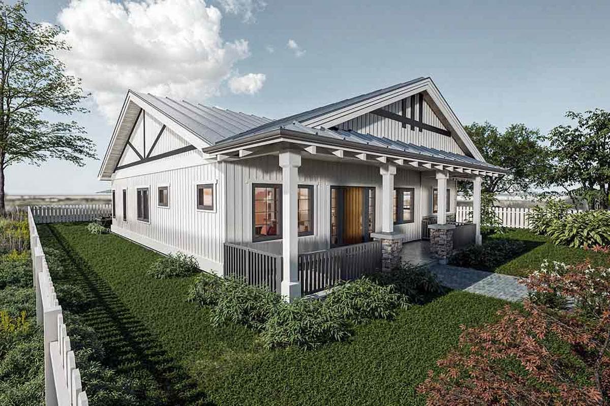 House plan exterior featuring a modern farmhouse style, one story, a covered front porch with columns, and board and batten siding.