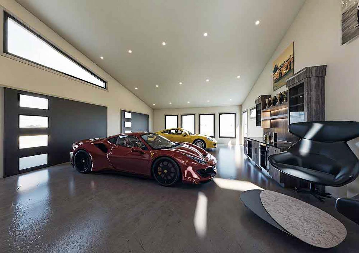 Garage with two sports cars, modern doors, and sloped ceiling with clerestory windows.