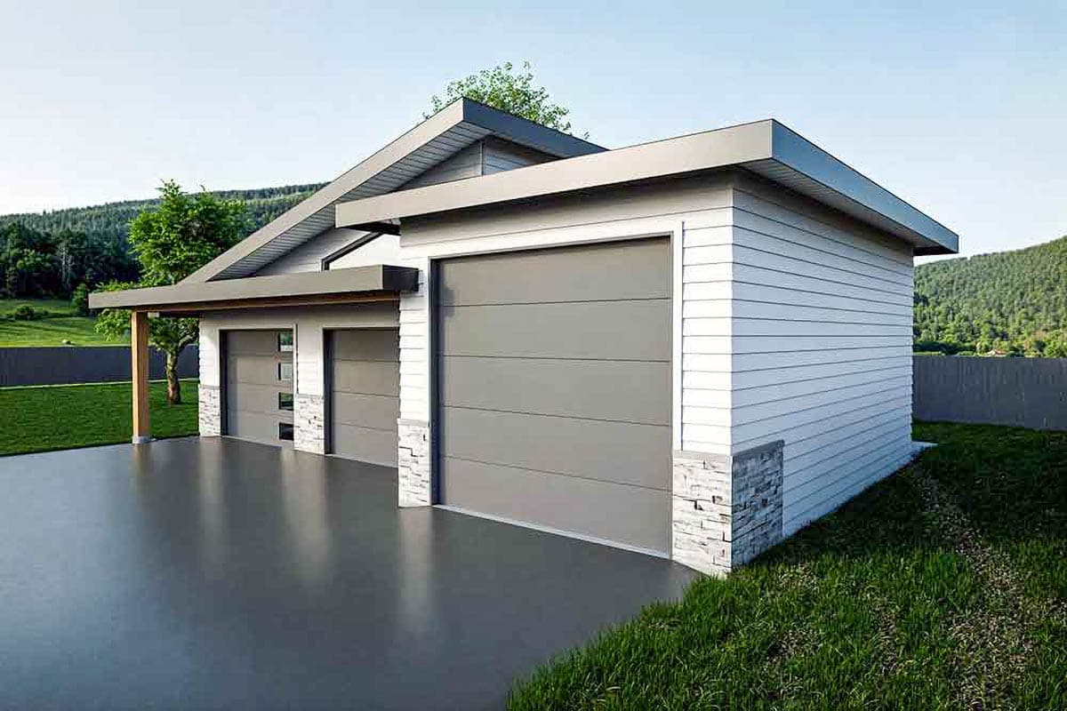 Modern house plan exterior with three garage bays, horizontal siding, stone accents, and a multi-level roofline.