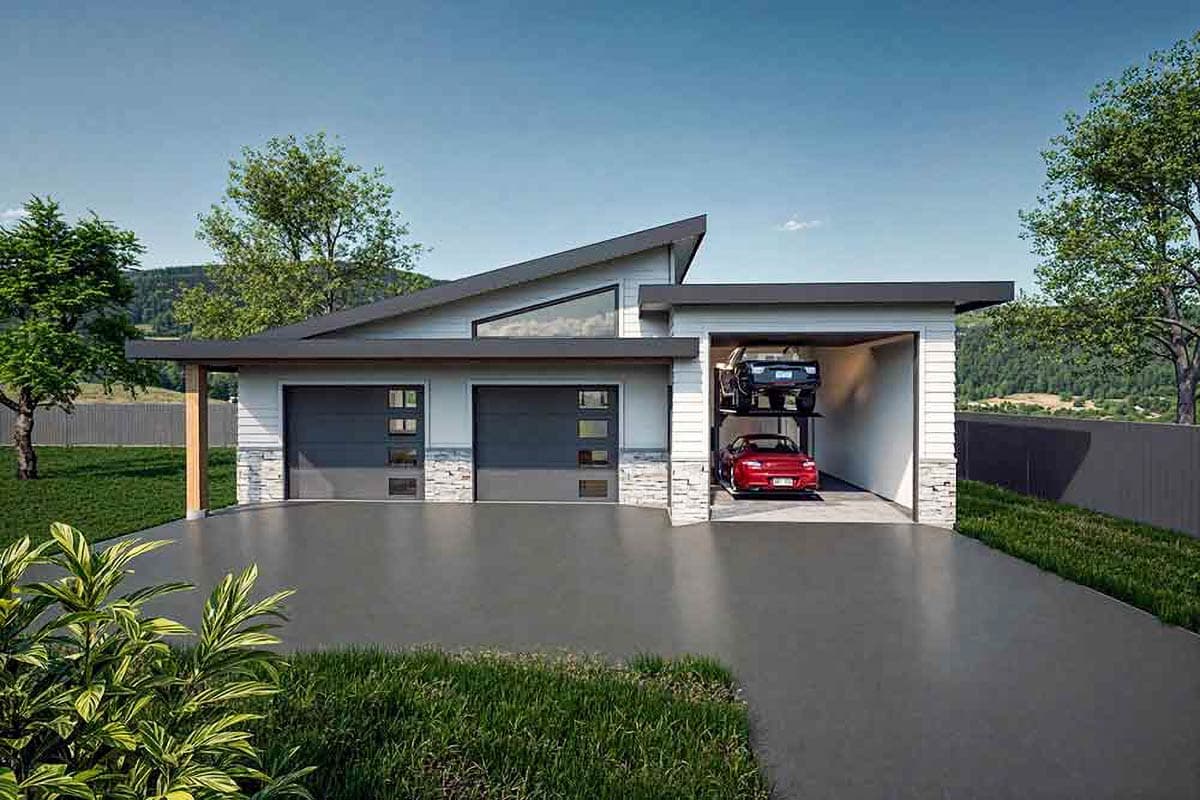 House plan exterior: Modern style with a steeply pitched roof, two garage doors, and a car lift.