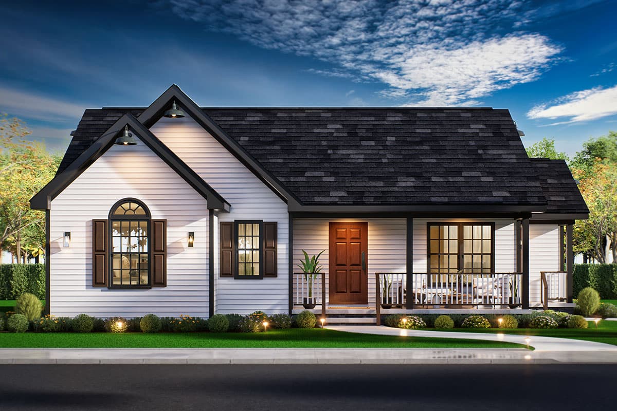House plan exterior featuring a one-story, farmhouse-style design. Key features include gables, a covered porch, and a dark shingle roof.
