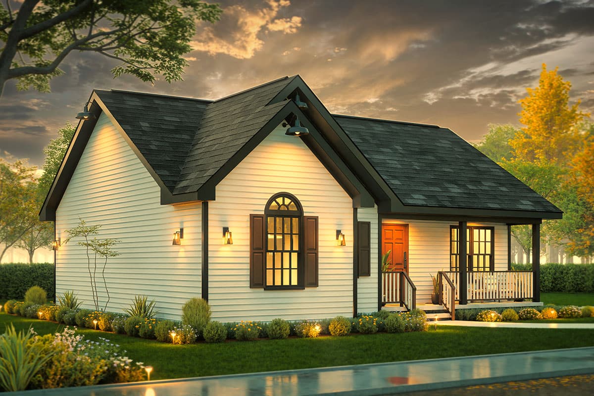 House plan exterior: Single-story home with gabled roof, arched window, porch, and vinyl siding.