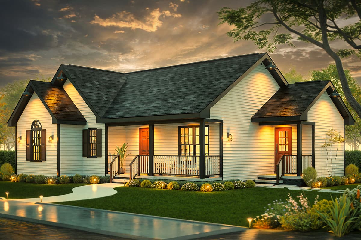 House plan exterior, single-story Modern Farmhouse with covered front porch, gables, and arched window.