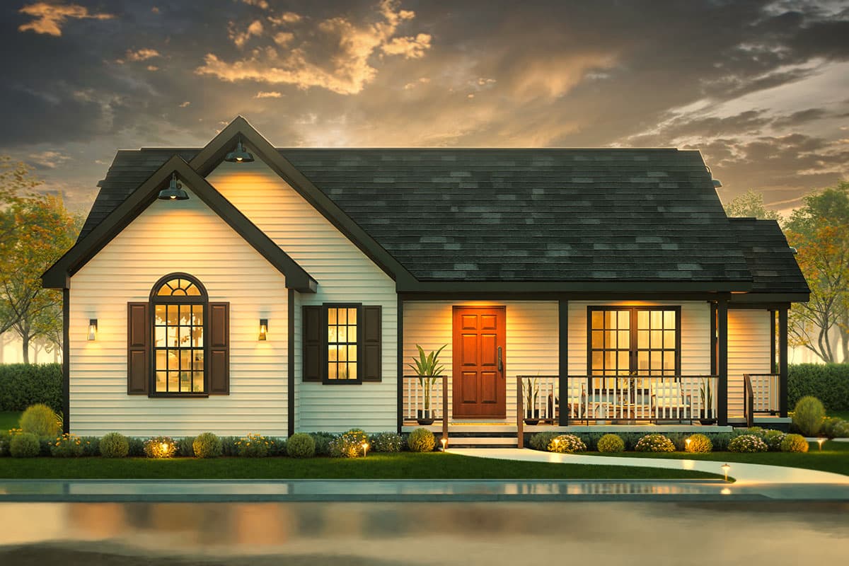 House plan exterior: one-story Modern Farmhouse with gable roof, arched window, covered front porch, and siding.