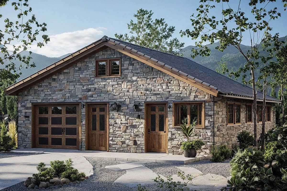 House plan exterior with a stone facade, a gable roof, wood trim, and a two-car garage. Features wood-framed windows and doors.