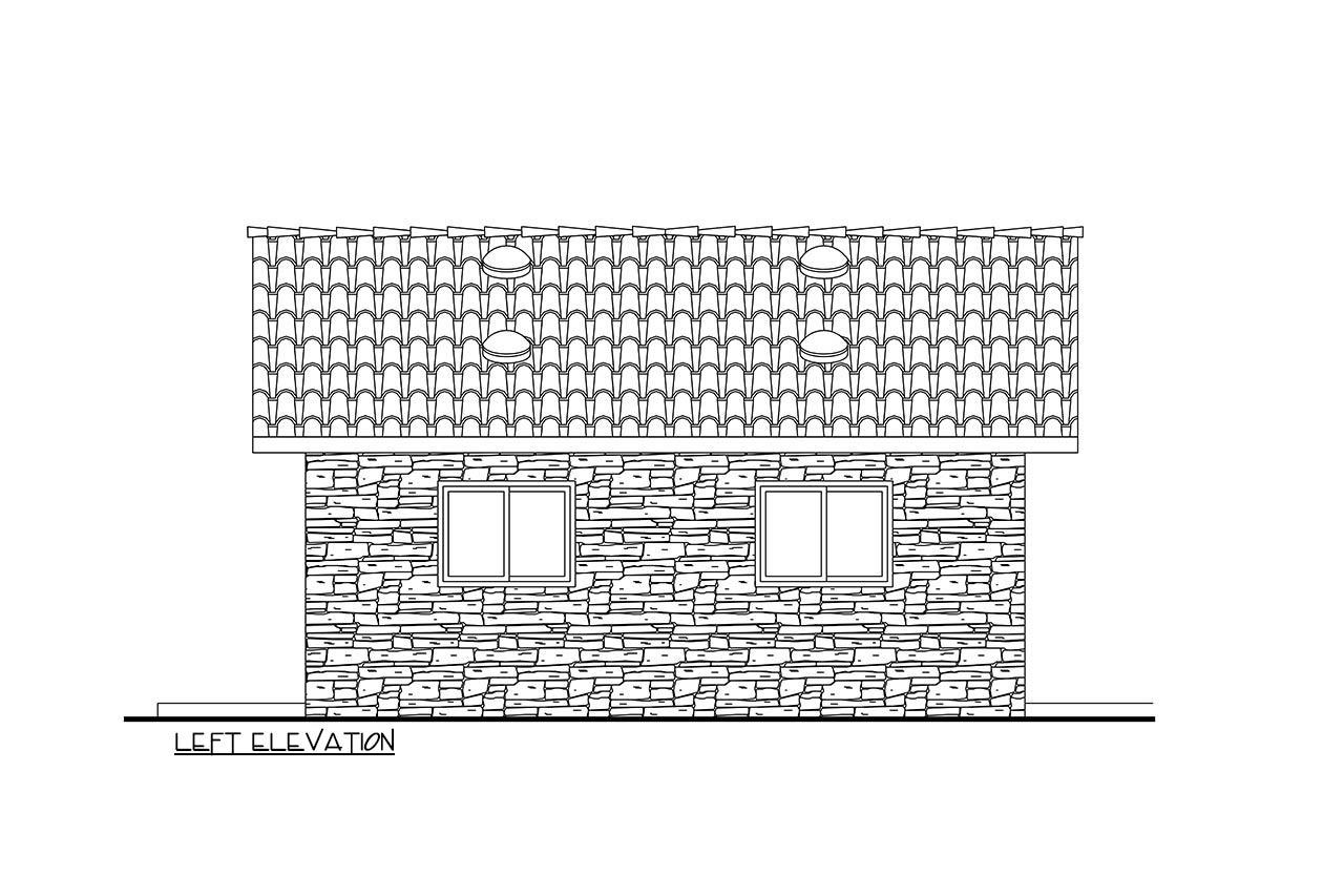 Left elevation house plan showing stone veneer walls, two windows, and a tiled roof with four circular dormers.