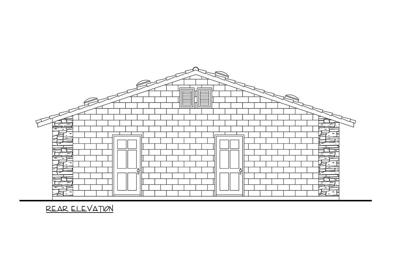 Rear elevation drawing of a house plan with brick siding, two doors, dormers, and stone accents.