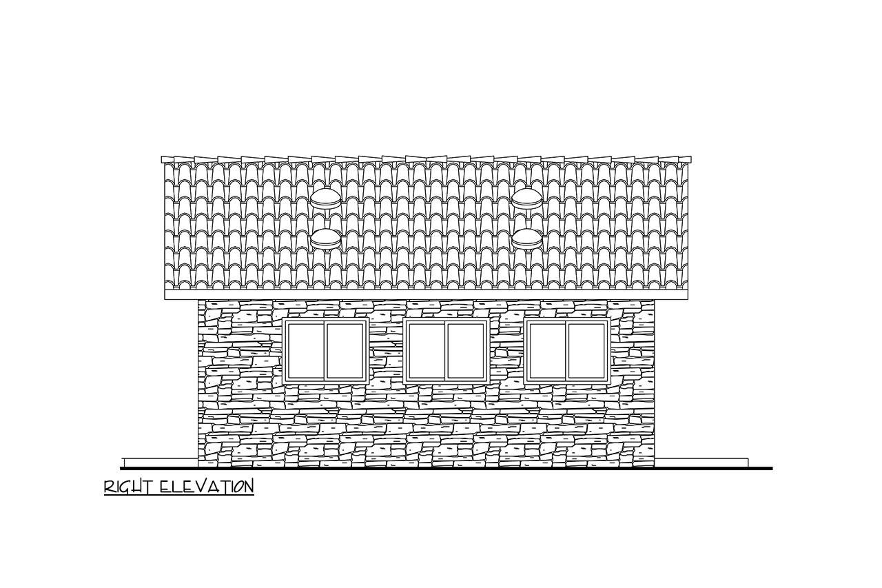 Right elevation drawing of a house with stone facade, three windows, and a tile roof with three dormer windows.